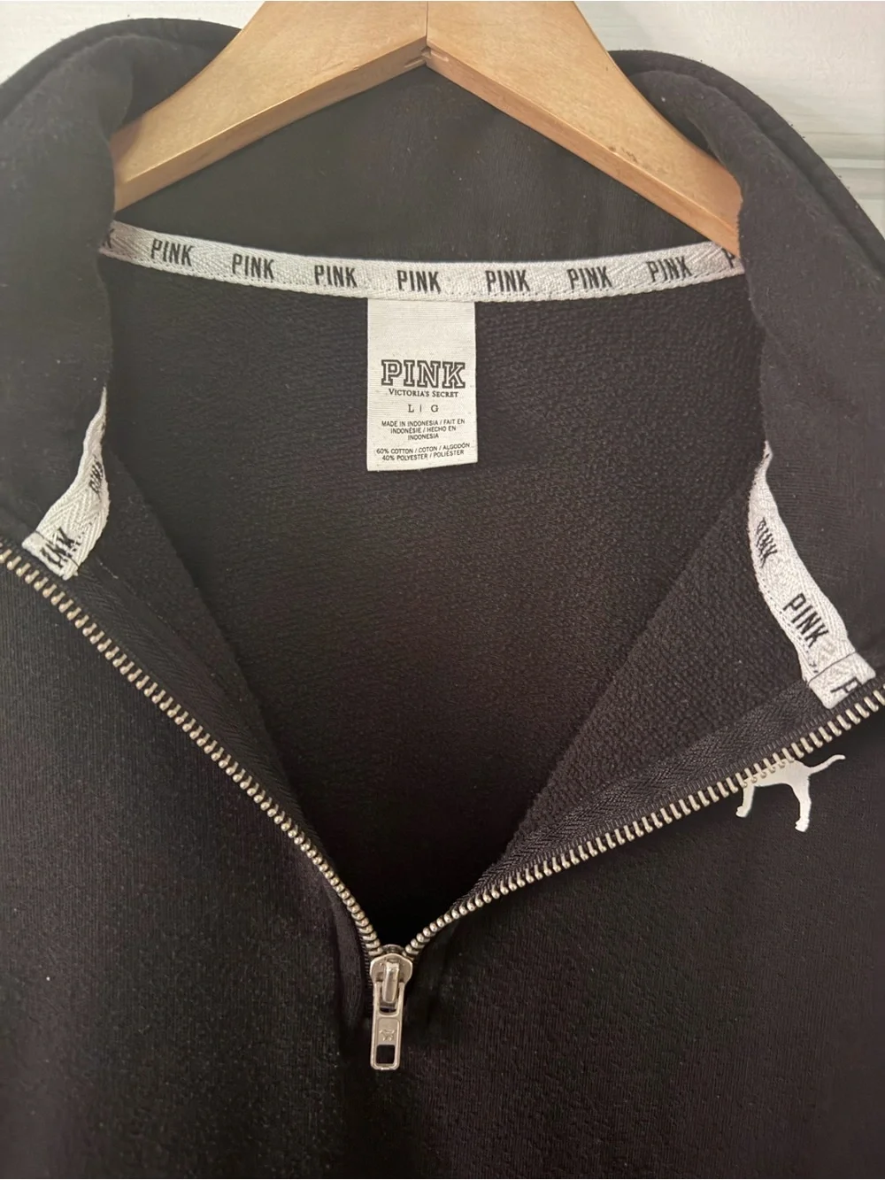 PINK Victoria's Secret Black Half-Zip Pullover with Kangaroo Pocket, Collar - Picture 2 of 6